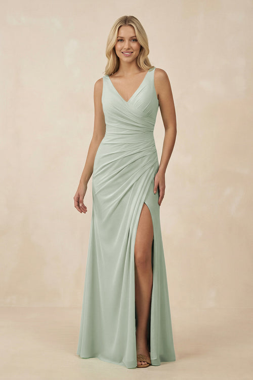 V-Neck Ruched Sheath Bridesmaid Dress with Slit in Sage - KissProm BRIDESMAID DRESSES