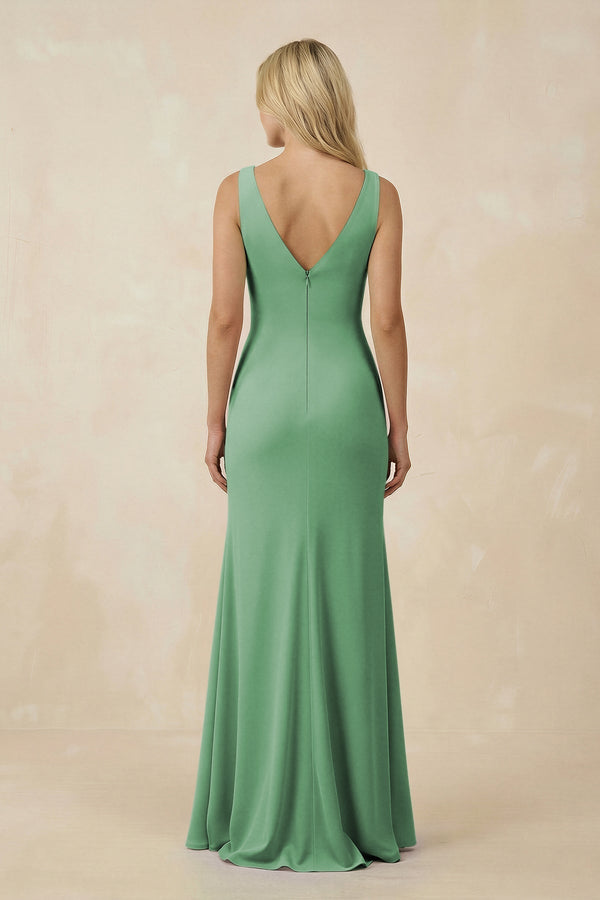 V-Neck Ruched Sheath Bridesmaid Dress with Slit in Sea Glass - KissProm BRIDESMAID DRESSES