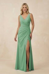 V-Neck Ruched Sheath Bridesmaid Dress with Slit in Sea Glass - KissProm BRIDESMAID DRESSES