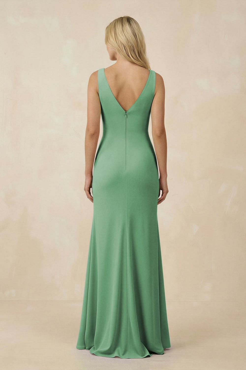 V-Neck Ruched Sheath Bridesmaid Dress with Slit in Sea Glass - KissProm BRIDESMAID DRESSES