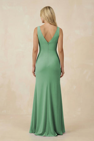 V-Neck Ruched Sheath Bridesmaid Dress with Slit in Sea Glass - KissProm BRIDESMAID DRESSES