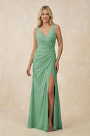 V-Neck Ruched Sheath Bridesmaid Dress with Slit in Sea Glass - KissProm BRIDESMAID DRESSES