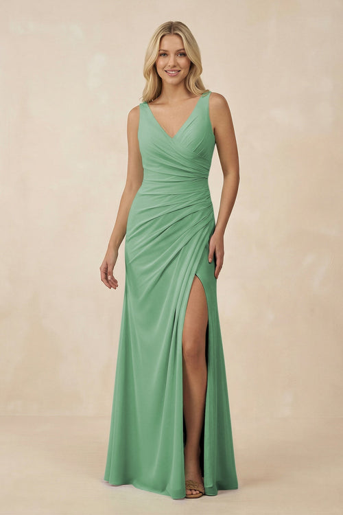 V-Neck Ruched Sheath Bridesmaid Dress with Slit in Sea Glass - KissProm BRIDESMAID DRESSES