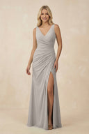 V-Neck Ruched Sheath Bridesmaid Dress with Slit in Silver - KissProm BRIDESMAID DRESSES