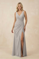 V-Neck Ruched Sheath Bridesmaid Dress with Slit in Silver - KissProm BRIDESMAID DRESSES