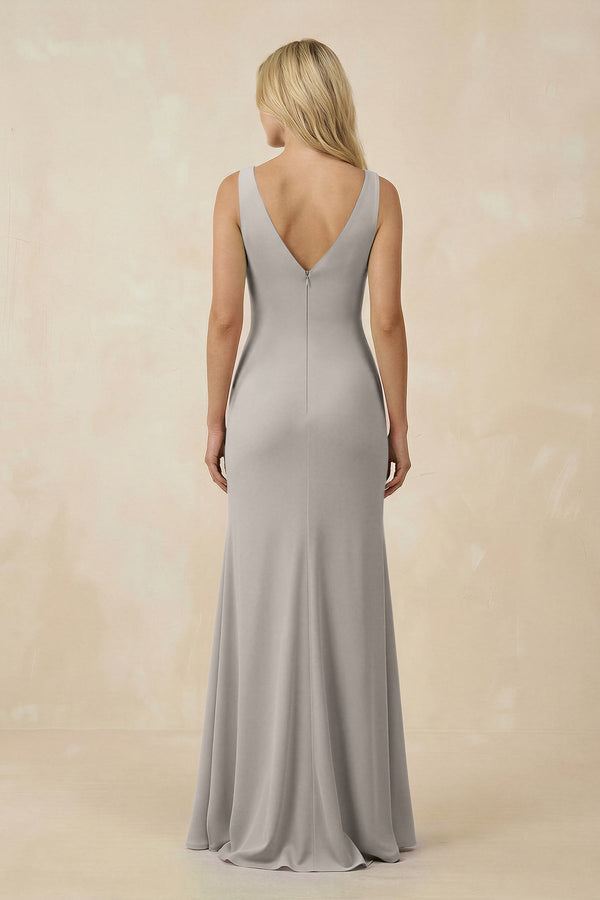 V-Neck Ruched Sheath Bridesmaid Dress with Slit in Silver - KissProm BRIDESMAID DRESSES