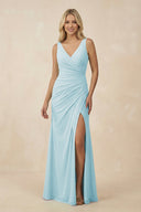 V-Neck Ruched Sheath Bridesmaid Dress with Slit in Sky Blue - KissProm BRIDESMAID DRESSES