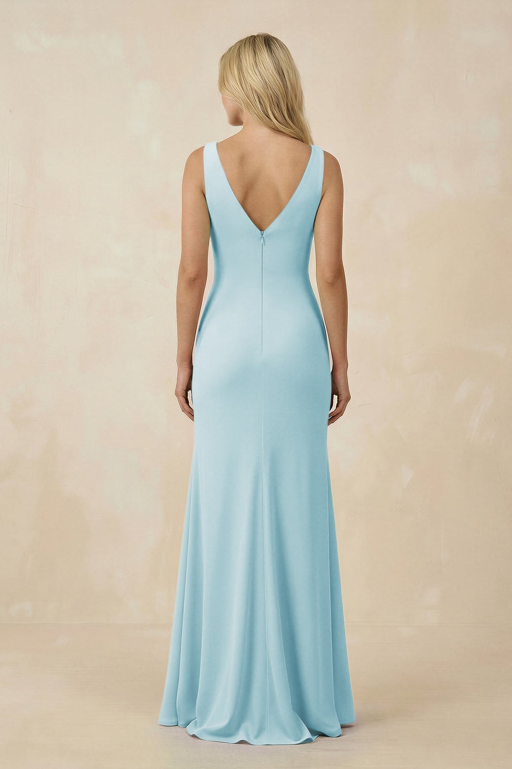 V-Neck Ruched Sheath Bridesmaid Dress with Slit in Sky Blue - KissProm BRIDESMAID DRESSES