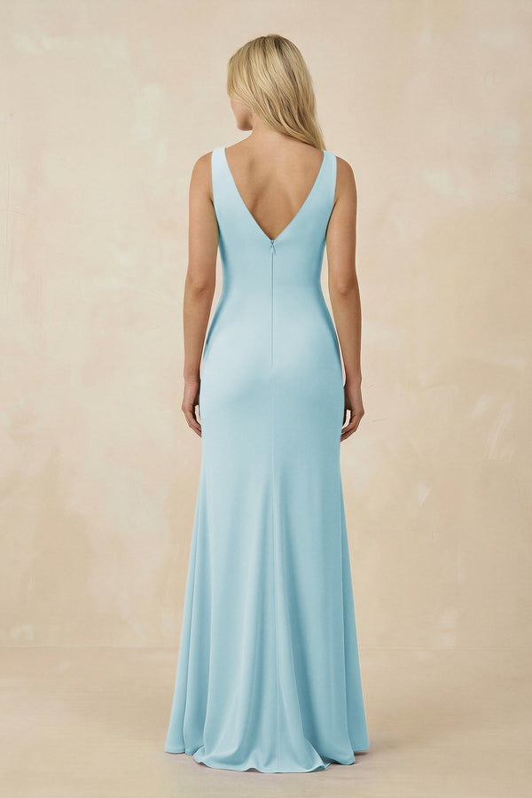 V-Neck Ruched Sheath Bridesmaid Dress with Slit in Sky Blue - KissProm BRIDESMAID DRESSES