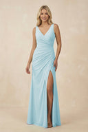 V-Neck Ruched Sheath Bridesmaid Dress with Slit in Sky Blue - KissProm BRIDESMAID DRESSES