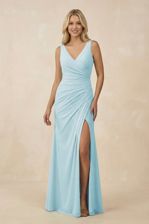 V-Neck Ruched Sheath Bridesmaid Dress with Slit in Sky Blue - KissProm BRIDESMAID DRESSES