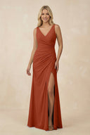 V-Neck Ruched Sheath Bridesmaid Dress with Slit in Spice - KissProm BRIDESMAID DRESSES