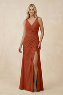 V-Neck Ruched Sheath Bridesmaid Dress with Slit in Spice - KissProm BRIDESMAID DRESSES