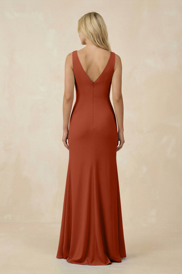V-Neck Ruched Sheath Bridesmaid Dress with Slit in Spice - KissProm BRIDESMAID DRESSES