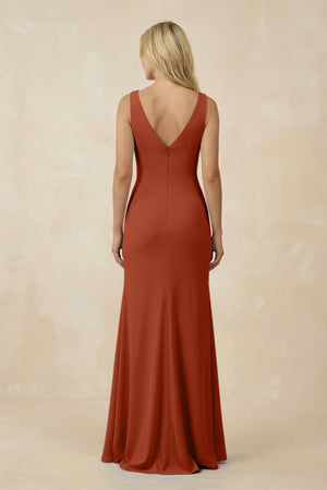 V-Neck Ruched Sheath Bridesmaid Dress with Slit in Spice - KissProm BRIDESMAID DRESSES