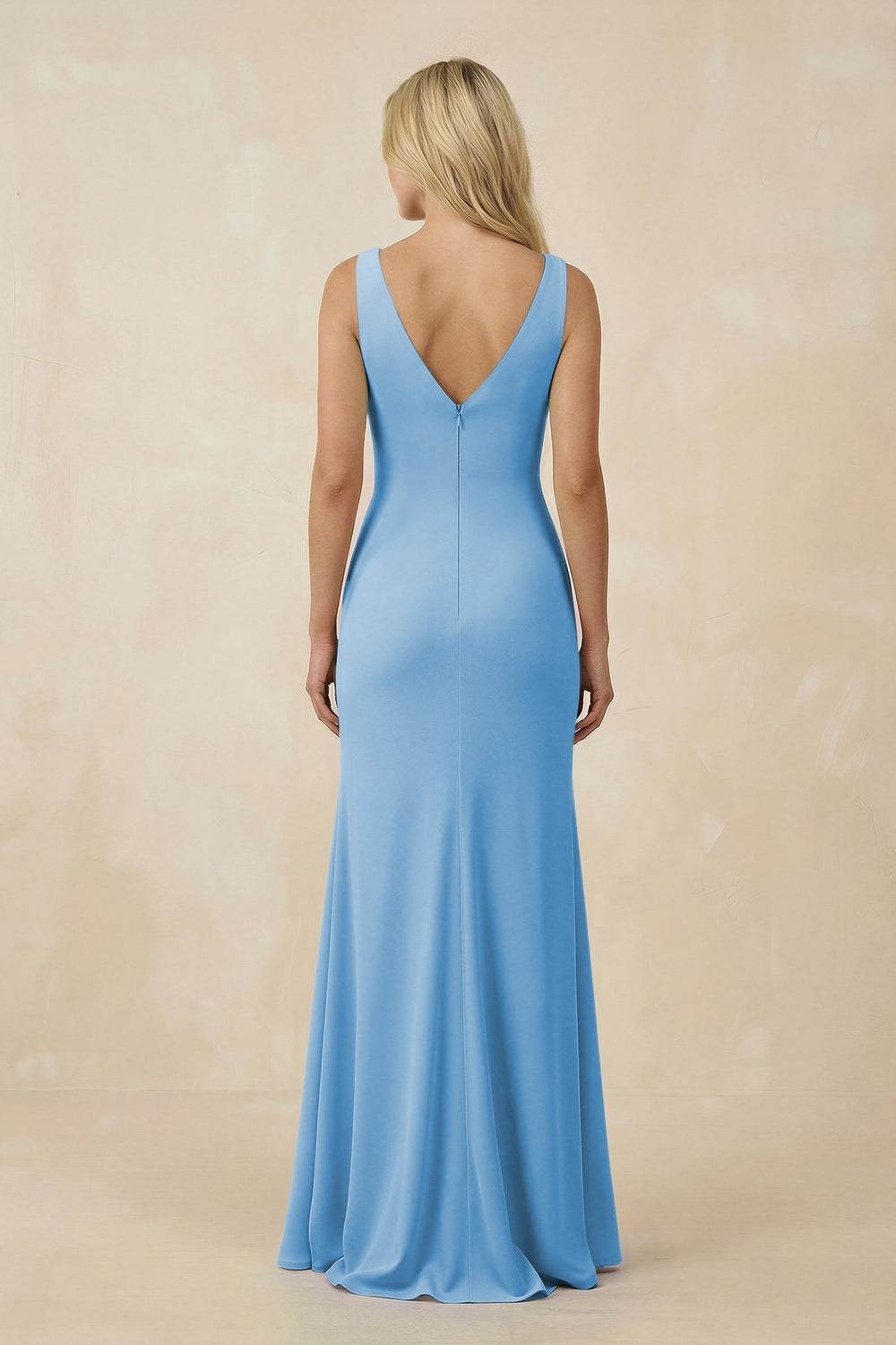 V-Neck Ruched Sheath Bridesmaid Dress with Slit in Steel Blue - KissProm BRIDESMAID DRESSES