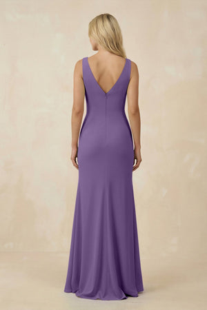 V-Neck Ruched Sheath Bridesmaid Dress with Slit in Tahiti - KissProm BRIDESMAID DRESSES