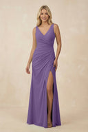 V-Neck Ruched Sheath Bridesmaid Dress with Slit in Tahiti - KissProm BRIDESMAID DRESSES