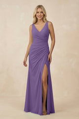 V-Neck Ruched Sheath Bridesmaid Dress with Slit in Tahiti - KissProm BRIDESMAID DRESSES