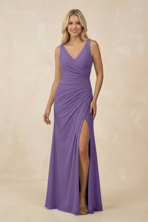 V-Neck Ruched Sheath Bridesmaid Dress with Slit in Tahiti - KissProm BRIDESMAID DRESSES