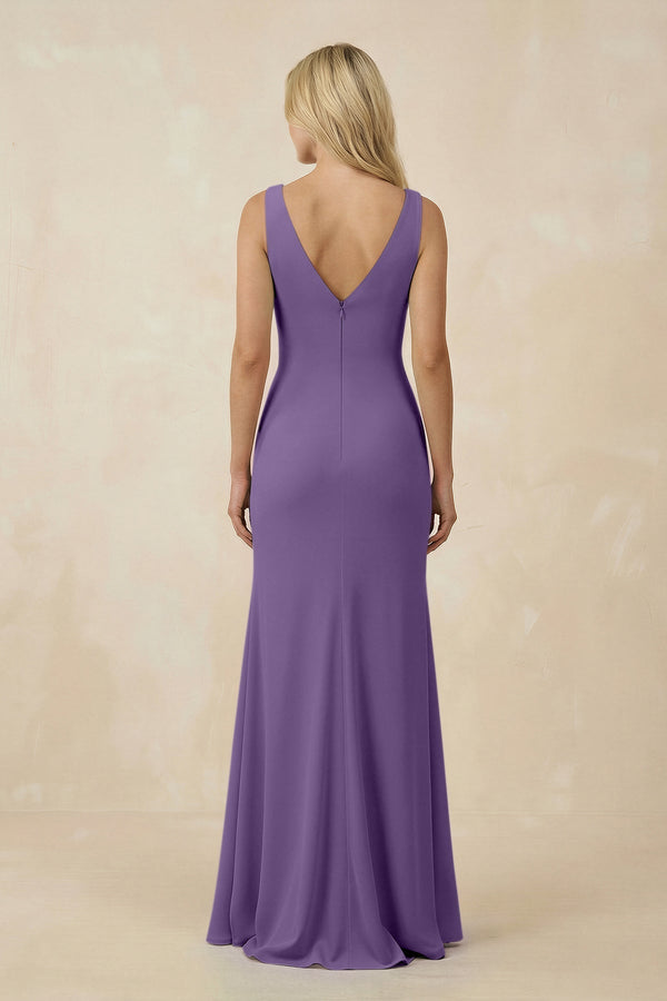 V-Neck Ruched Sheath Bridesmaid Dress with Slit in Tahiti - KissProm BRIDESMAID DRESSES