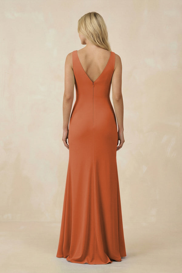 V-Neck Ruched Sheath Bridesmaid Dress with Slit in Terracotta - KissProm BRIDESMAID DRESSES