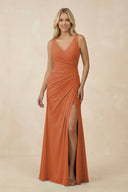 V-Neck Ruched Sheath Bridesmaid Dress with Slit in Terracotta - KissProm BRIDESMAID DRESSES