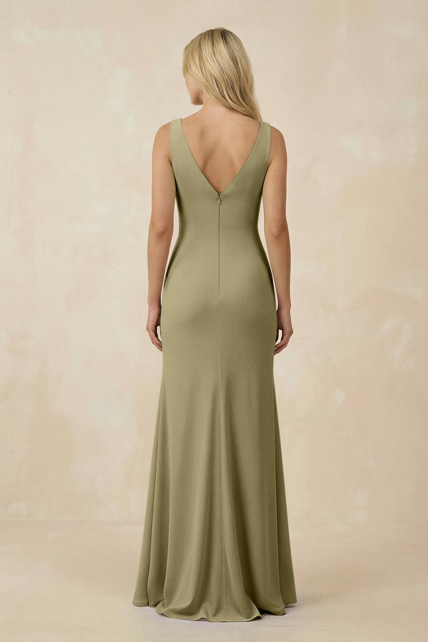 V-Neck Ruched Sheath Bridesmaid Dress with Slit in Thyme - KissProm BRIDESMAID DRESSES