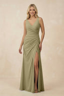 V-Neck Ruched Sheath Bridesmaid Dress with Slit in Thyme - KissProm BRIDESMAID DRESSES