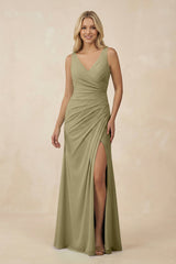 V-Neck Ruched Sheath Bridesmaid Dress with Slit in Thyme - KissProm BRIDESMAID DRESSES