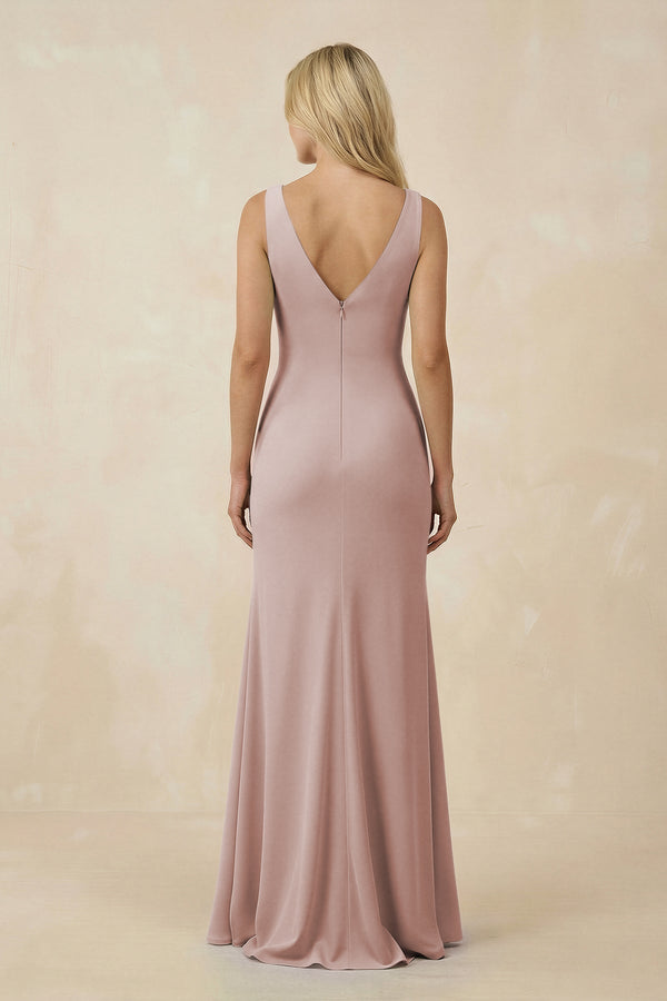 V-Neck Ruched Sheath Bridesmaid Dress with Slit in Toffee - KissProm BRIDESMAID DRESSES