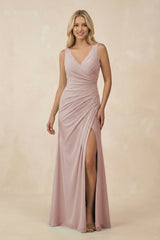 V-Neck Ruched Sheath Bridesmaid Dress with Slit in Toffee - KissProm BRIDESMAID DRESSES