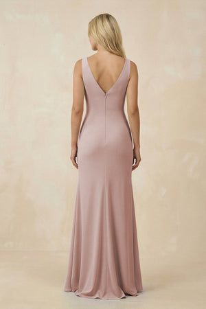 V-Neck Ruched Sheath Bridesmaid Dress with Slit in Toffee - KissProm BRIDESMAID DRESSES