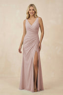 V-Neck Ruched Sheath Bridesmaid Dress with Slit in Toffee - KissProm BRIDESMAID DRESSES