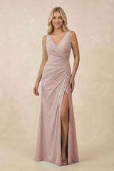 V-Neck Ruched Sheath Bridesmaid Dress with Slit in Toffee - KissProm BRIDESMAID DRESSES