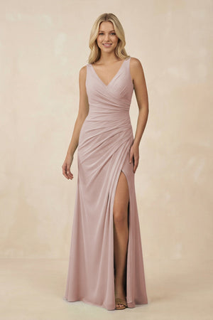 V-Neck Ruched Sheath Bridesmaid Dress with Slit in Toffee - KissProm BRIDESMAID DRESSES