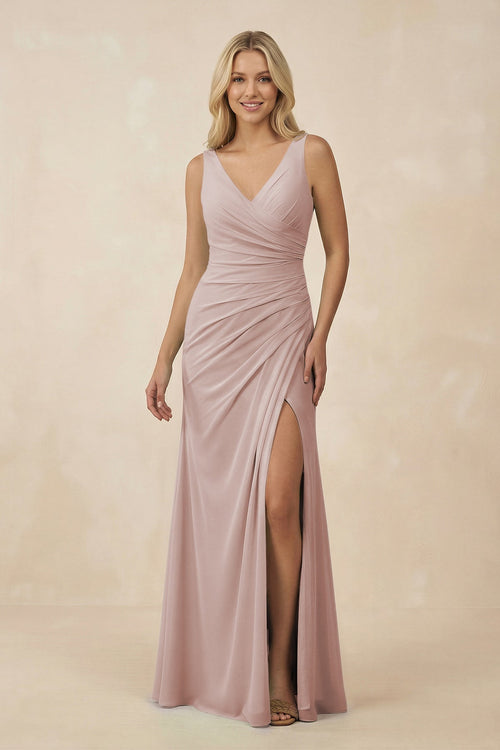 V-Neck Ruched Sheath Bridesmaid Dress with Slit in Toffee - KissProm BRIDESMAID DRESSES
