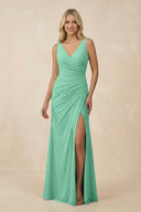 V-Neck Ruched Sheath Bridesmaid Dress with Slit in Turquoise - KissProm BRIDESMAID DRESSES