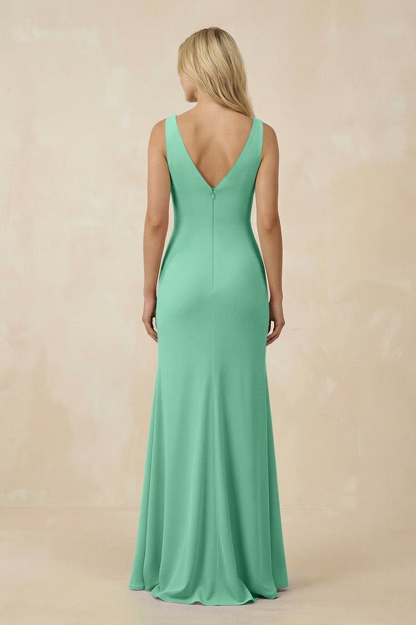 V-Neck Ruched Sheath Bridesmaid Dress with Slit in Turquoise - KissProm BRIDESMAID DRESSES