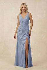 V-Neck Ruched Sheath Bridesmaid Dress with Slit in Twilight - KissProm BRIDESMAID DRESSES