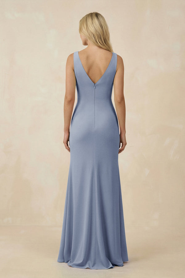 V-Neck Ruched Sheath Bridesmaid Dress with Slit in Twilight - KissProm BRIDESMAID DRESSES