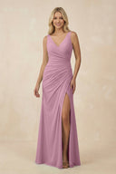 V-Neck Ruched Sheath Bridesmaid Dress with Slit in Vintage Mauve - KissProm BRIDESMAID DRESSES