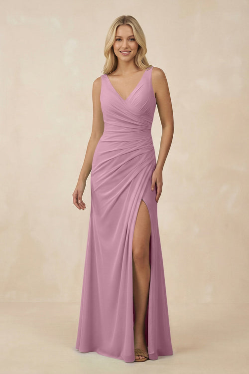 V-Neck Ruched Sheath Bridesmaid Dress with Slit in Vintage Mauve - KissProm BRIDESMAID DRESSES