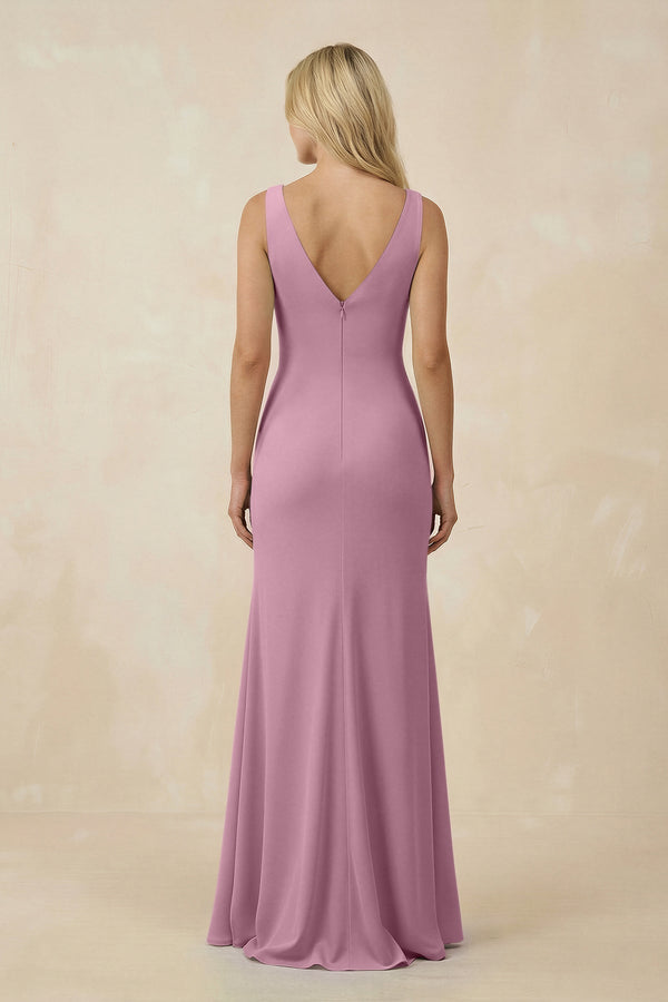 V-Neck Ruched Sheath Bridesmaid Dress with Slit in Vintage Mauve - KissProm BRIDESMAID DRESSES