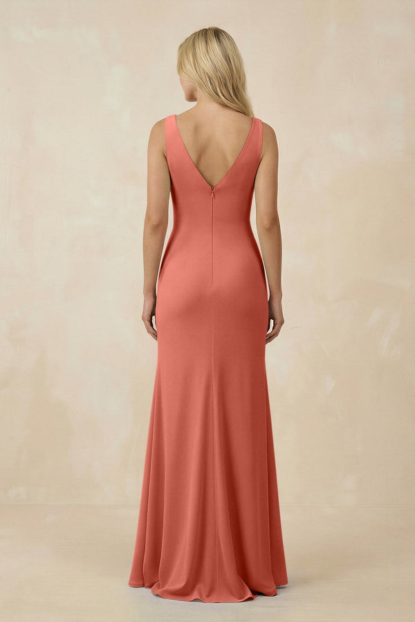 V-Neck Ruched Sheath Bridesmaid Dress with Slit in Wild Rose - KissProm BRIDESMAID DRESSES