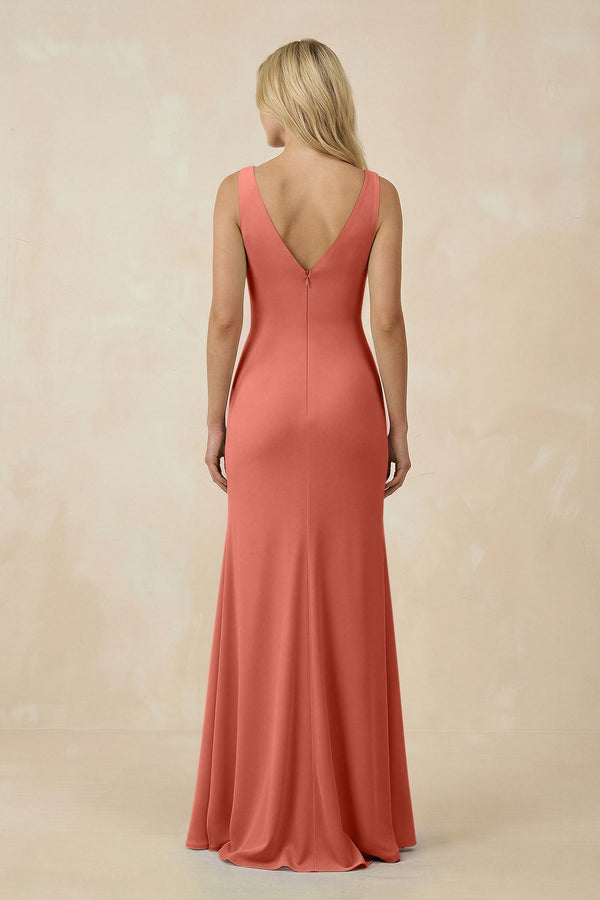 V-Neck Ruched Sheath Bridesmaid Dress with Slit in Wild Rose - KissProm BRIDESMAID DRESSES