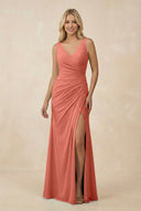 V-Neck Ruched Sheath Bridesmaid Dress with Slit in Wild Rose - KissProm BRIDESMAID DRESSES