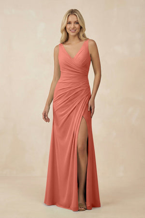 V-Neck Ruched Sheath Bridesmaid Dress with Slit in Wild Rose - KissProm BRIDESMAID DRESSES