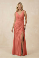 V-Neck Ruched Sheath Bridesmaid Dress with Slit in Wild Rose - KissProm BRIDESMAID DRESSES