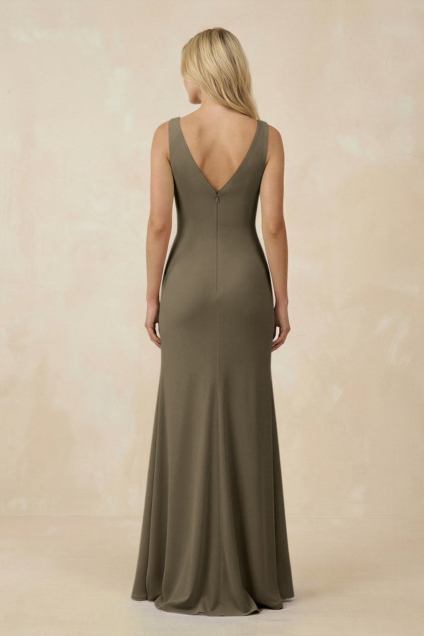 V-Neck Ruched Sheath Bridesmaid Dress with Slit in Willow Green - KissProm BRIDESMAID DRESSES